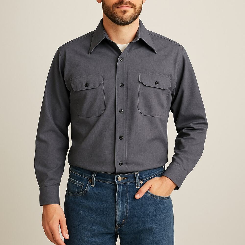 Sears Perma-Prest Vintage Gray Work Shirt Large 16-16.5 65/35 Poly Cotton